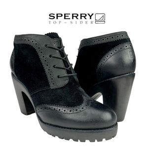 Sperry Top Sider Women’s 8 Black Suede‎ Leather Wingtip Heeled Oxfords